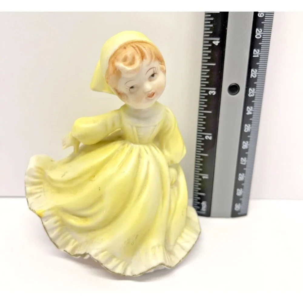 Vintage Girl Figurine in Flowing Yellow Dress and Bonnet, E3305, Mid Century-VG